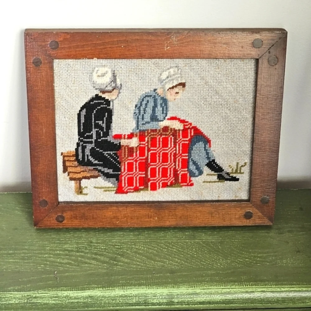 Vintage Needlework c1950 Amish Midcentury Embroidery Wood Frames Country Decor
